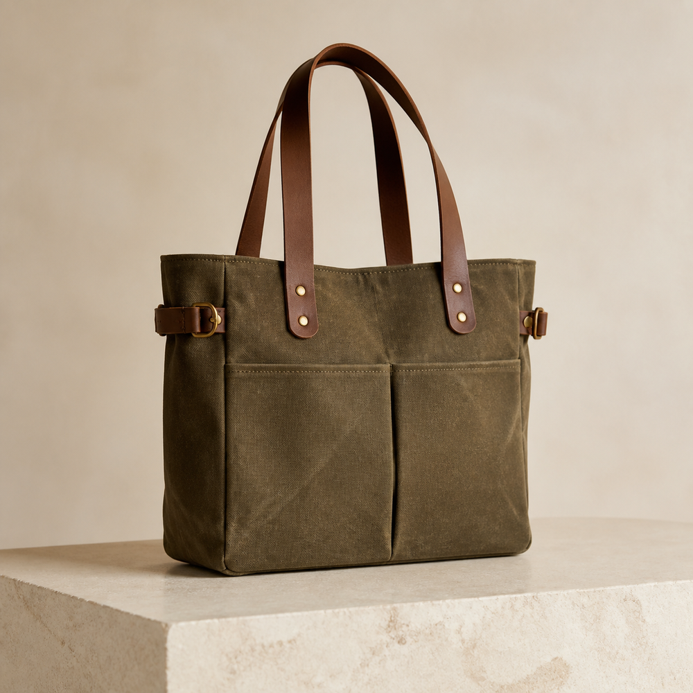 Olive waxed-canvas Harbor Market Tote with cognac leather handles