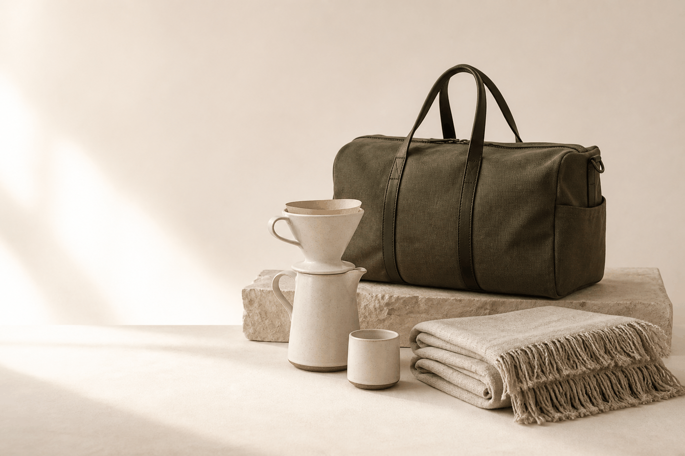 Alder & Stone olive canvas weekender, cream pour-over set, and linen throw