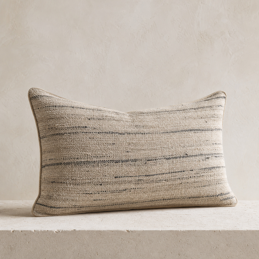 Oat wool-and-linen Linden Lumbar Cushion with charcoal broken stripes