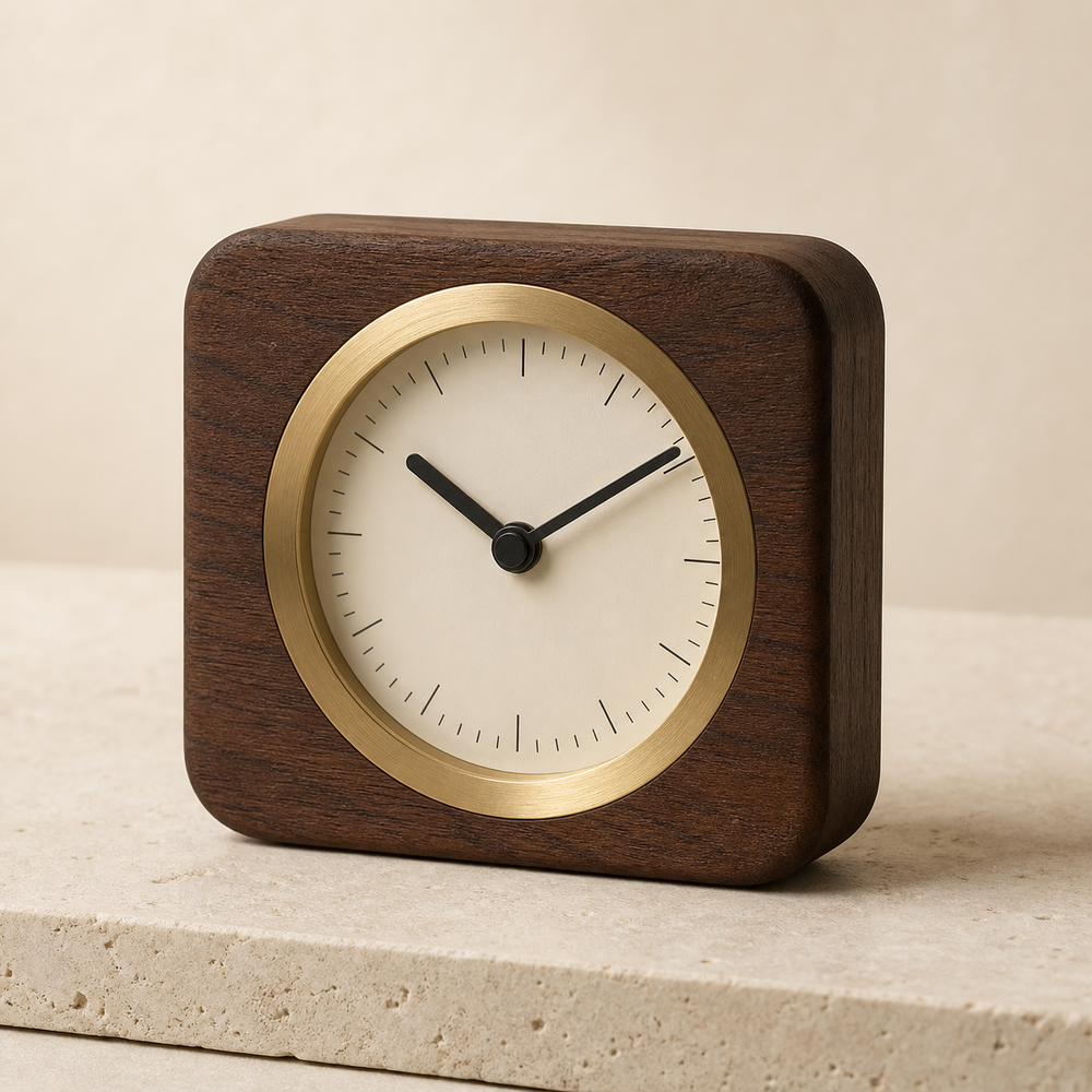 Dark-oak Meridian Desk Clock with brushed-brass bezel and cream dial