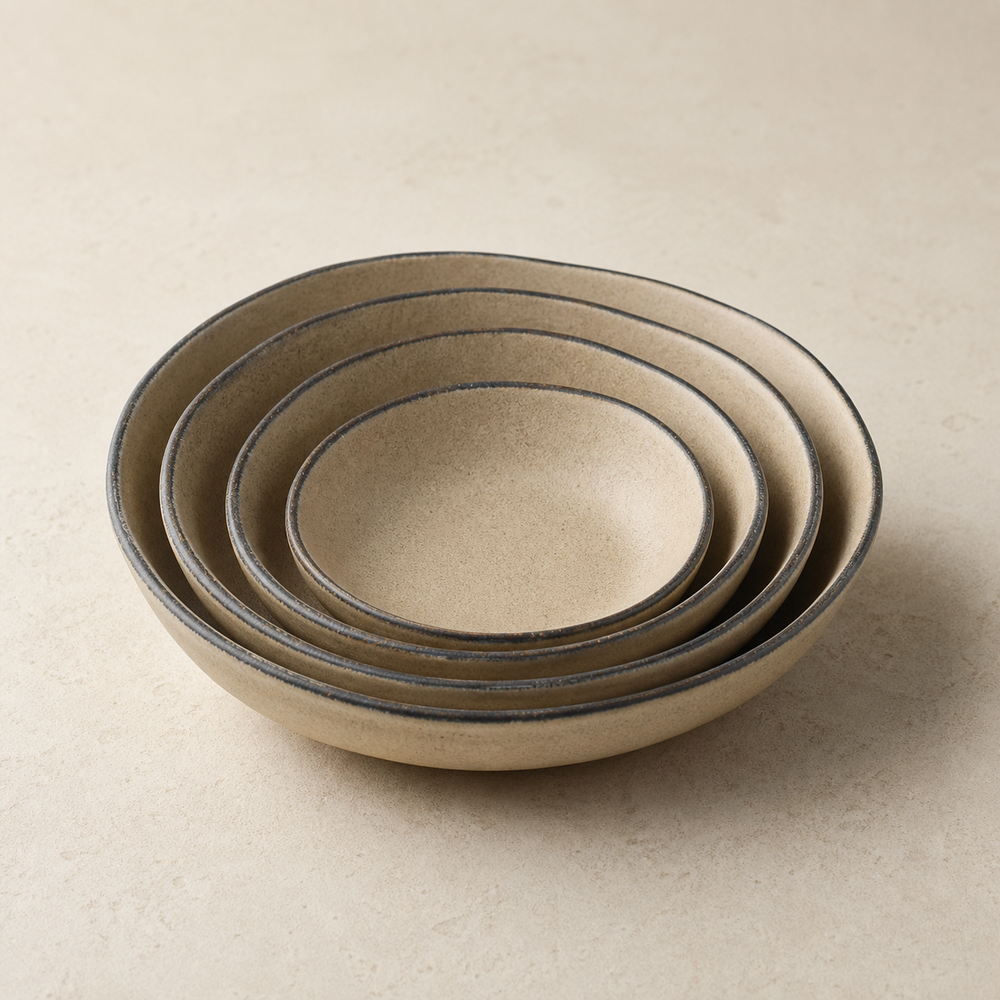 Four nested sand-glazed Sable Stoneware Bowls with charcoal rims